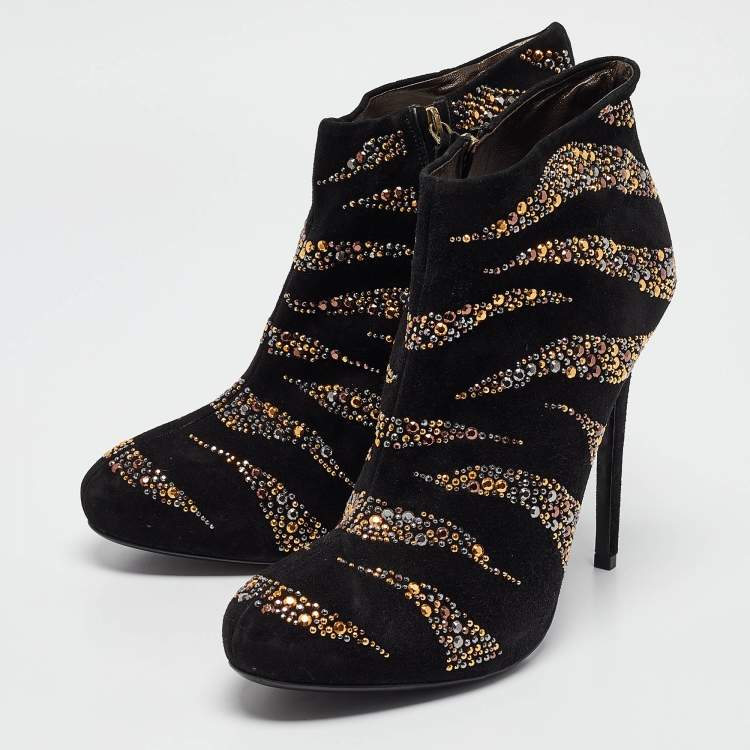 Pre Owned Roberto Cavalli Black Suede Studded Ankle Booties Size 41