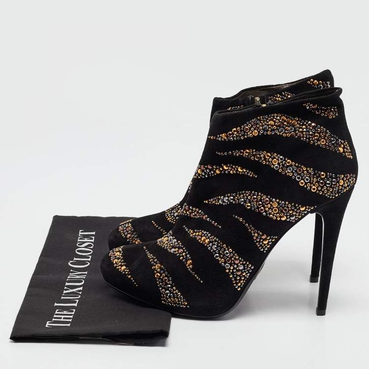 Pre Owned Roberto Cavalli Black Suede Studded Ankle Booties Size 41
