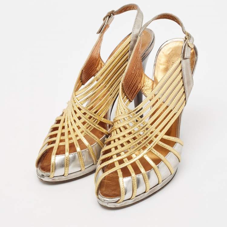 Pre Owned Roberto Cavalli Silver/Gold Leather Strappy Slingback Sandals Size 37.5