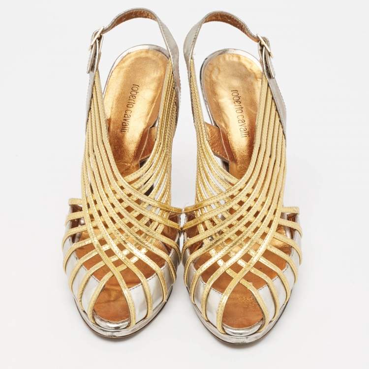 Pre Owned Roberto Cavalli Silver/Gold Leather Strappy Slingback Sandals Size 37.5