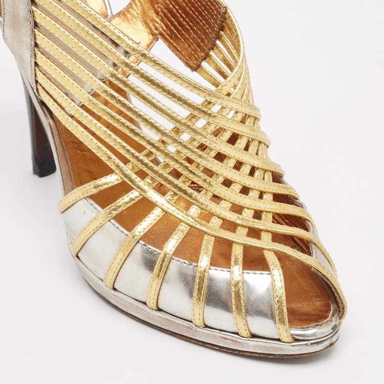 Pre Owned Roberto Cavalli Silver/Gold Leather Strappy Slingback Sandals Size 37.5