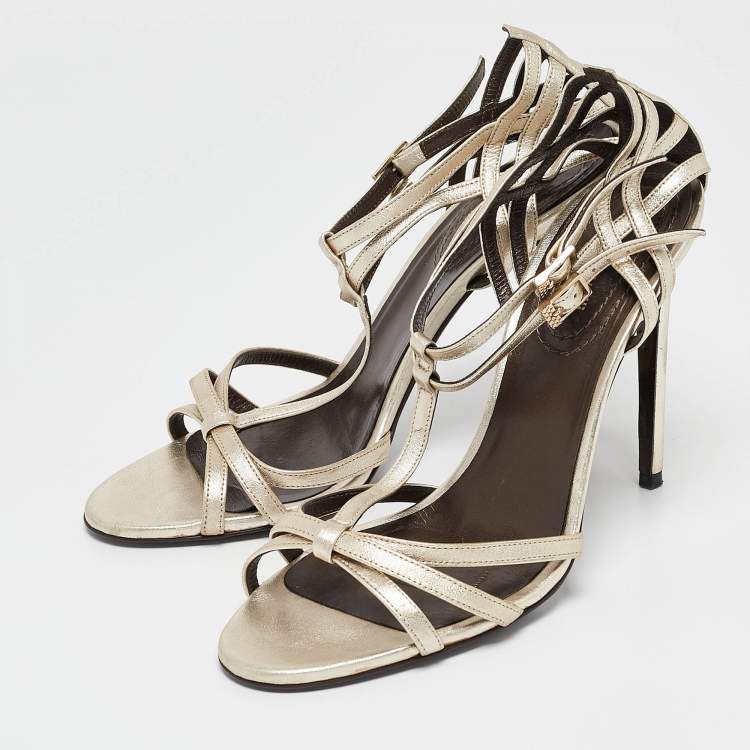 Pre Owned Roberto Cavalli Metallic Gold Leather Ankle Strap Sandals Size 40