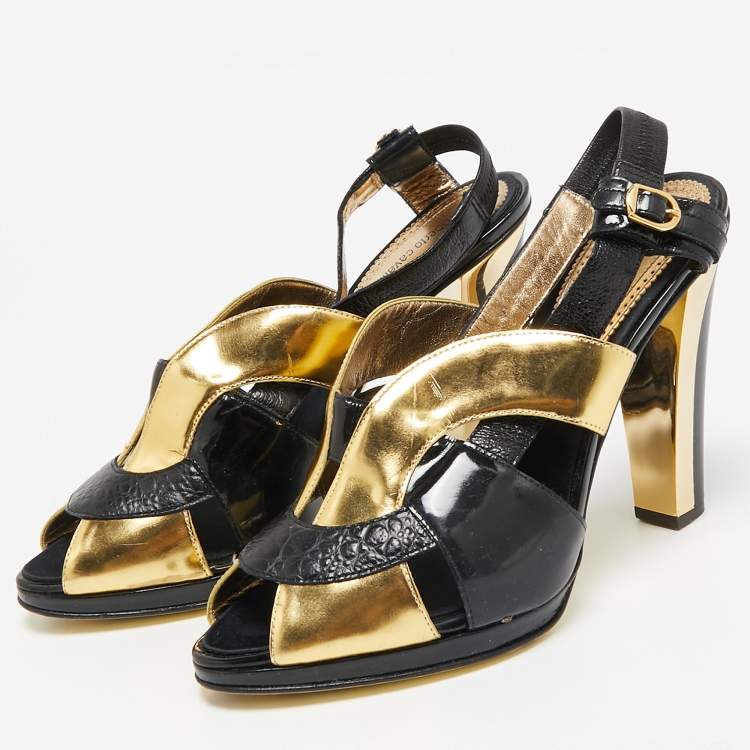 Pre Owned Roberto Cavalli Black Croc Embossed Leather and Leather Ankle Strap Sandals Size 41