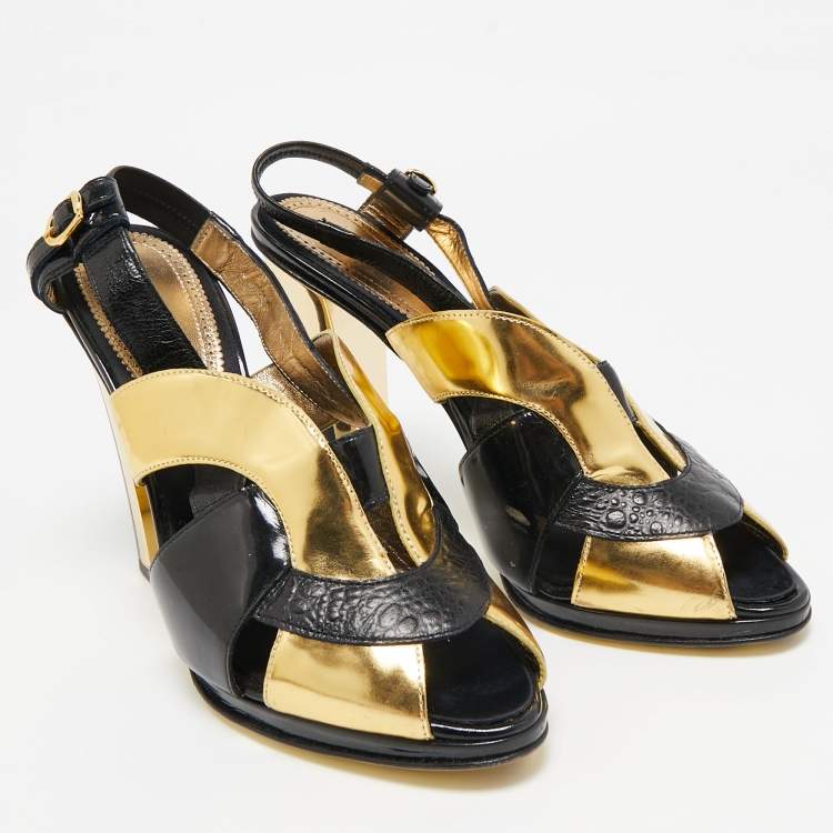 Pre Owned Roberto Cavalli Black Croc Embossed Leather and Leather Ankle Strap Sandals Size 41