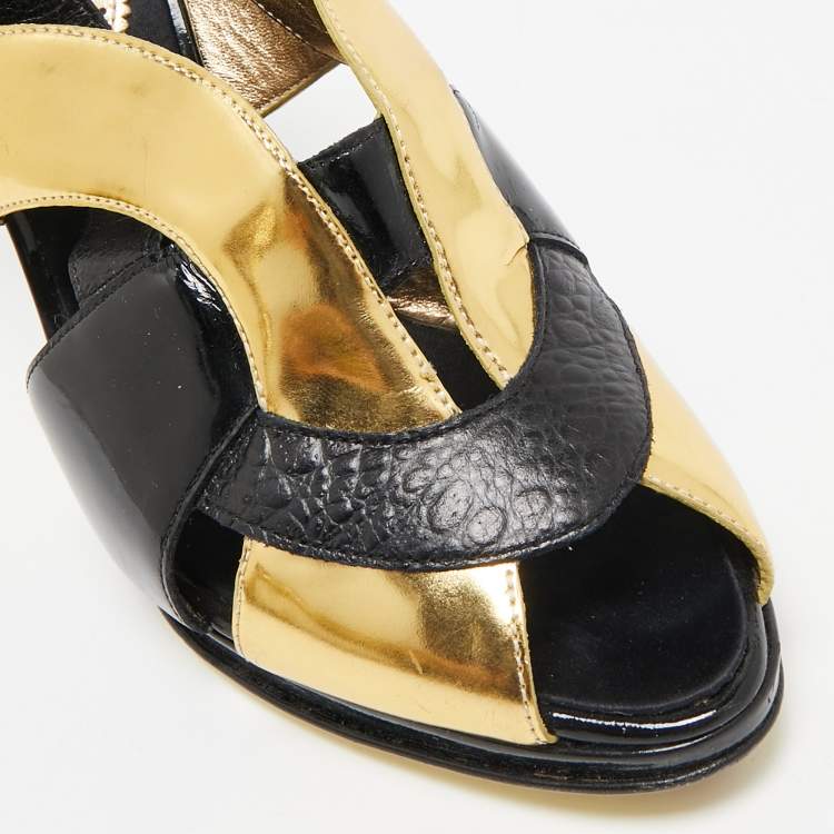 Pre Owned Roberto Cavalli Black Croc Embossed Leather and Leather Ankle Strap Sandals Size 41