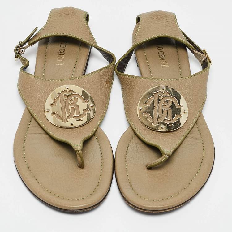 Pre Owned Roberto Cavalli Green Leather Slingback Sandals Size 38
