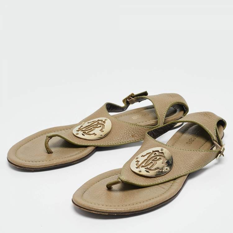 Pre Owned Roberto Cavalli Green Leather Slingback Sandals Size 38