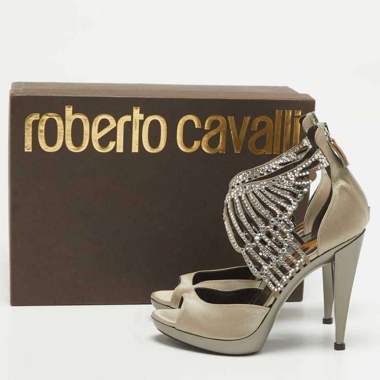 Pre Owned Roberto Cavalli Grey Satin Embellished Crystal Embellished Ankle Strap Sandals Size 36