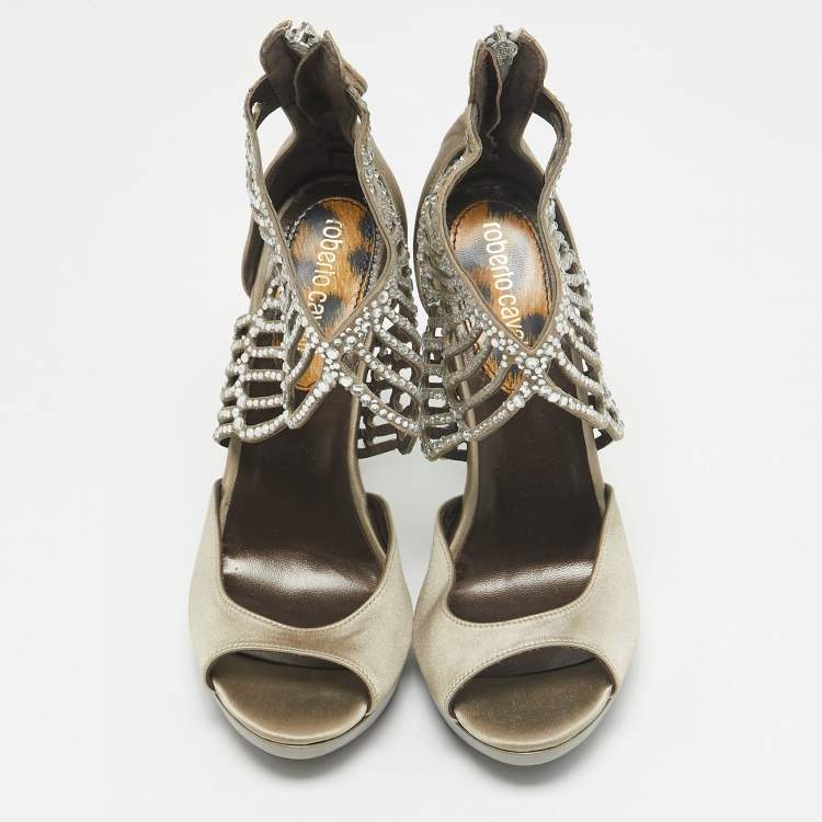 Pre Owned Roberto Cavalli Grey Satin Embellished Crystal Embellished Ankle Strap Sandals Size 36