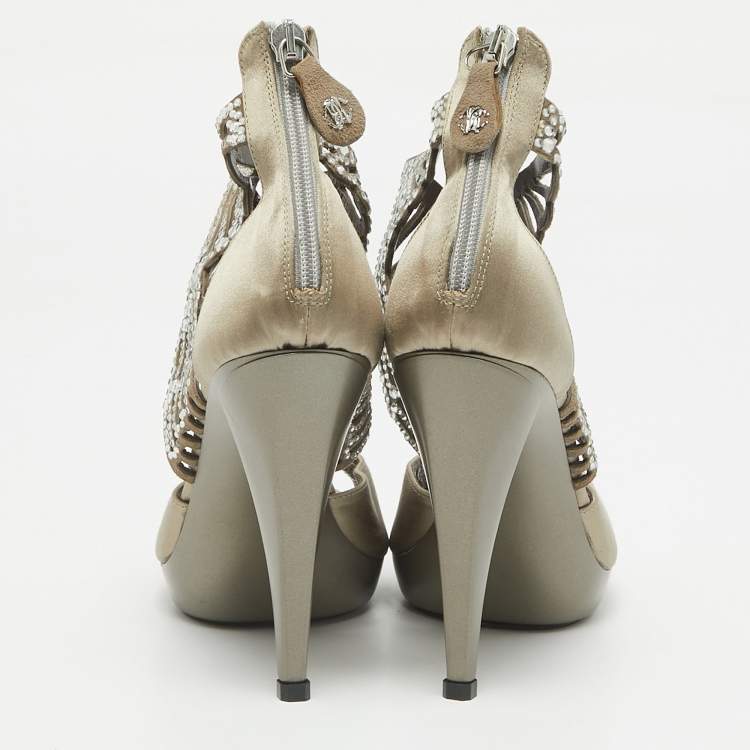 Pre Owned Roberto Cavalli Grey Satin Embellished Crystal Embellished Ankle Strap Sandals Size 36