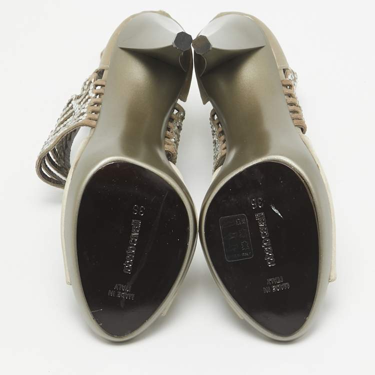 Pre Owned Roberto Cavalli Grey Satin Embellished Crystal Embellished Ankle Strap Sandals Size 36