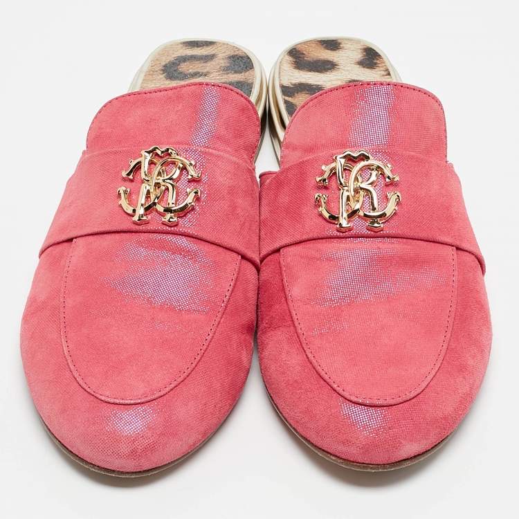 Pre Owned Roberto Cavalli Pink Nubuck Leather Logo Mules Size 38