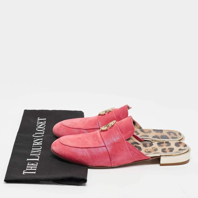 Pre Owned Roberto Cavalli Pink Nubuck Leather Logo Mules Size 38