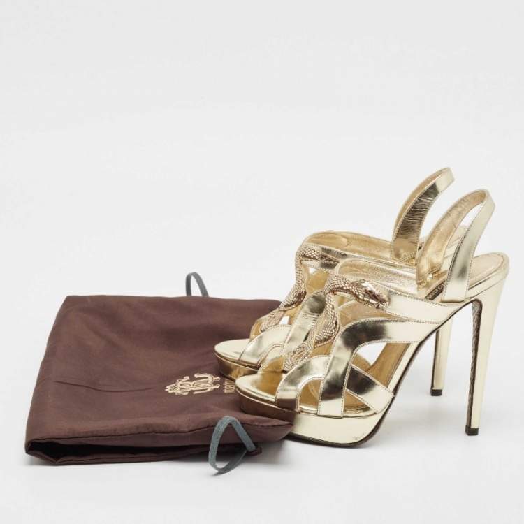 Pre Owned Roberto Cavalli Gold Leather Snake Logo Ankle Strap Sandals Size 36.5