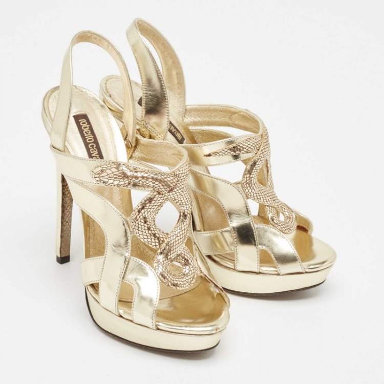 Pre Owned Roberto Cavalli Gold Leather Snake Logo Ankle Strap Sandals Size 36.5