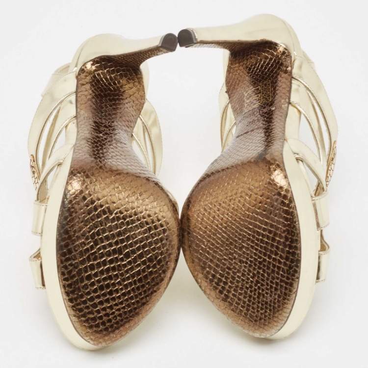 Pre Owned Roberto Cavalli Gold Leather Snake Logo Ankle Strap Sandals Size 36.5