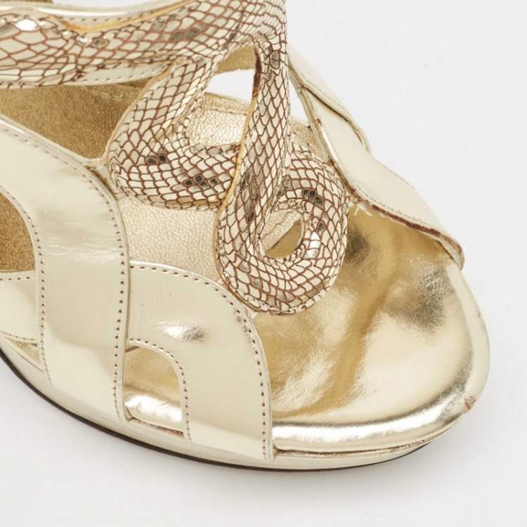 Pre Owned Roberto Cavalli Gold Leather Snake Logo Ankle Strap Sandals Size 36.5