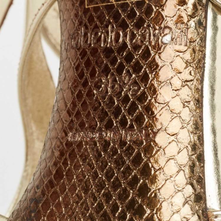 Pre Owned Roberto Cavalli Gold Leather Snake Logo Ankle Strap Sandals Size 36.5