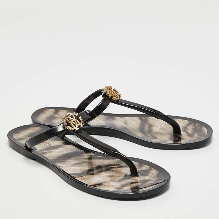 Pre Owned Roberto Cavalli Black Jelly Embellished Thong Flat Sandals Size 38