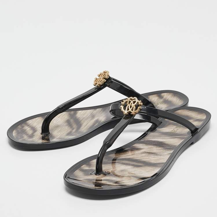 Pre Owned Roberto Cavalli Black Jelly Embellished Thong Flat Sandals Size 38