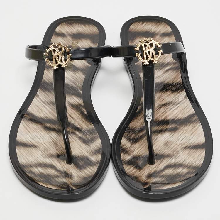 Pre Owned Roberto Cavalli Black Jelly Embellished Thong Flat Sandals Size 38