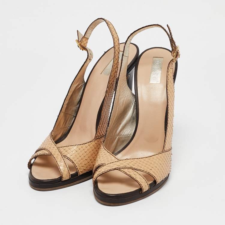 Pre Owned Roberto Cavalli Beige Python Leather Slingback Sandals Size 38.5