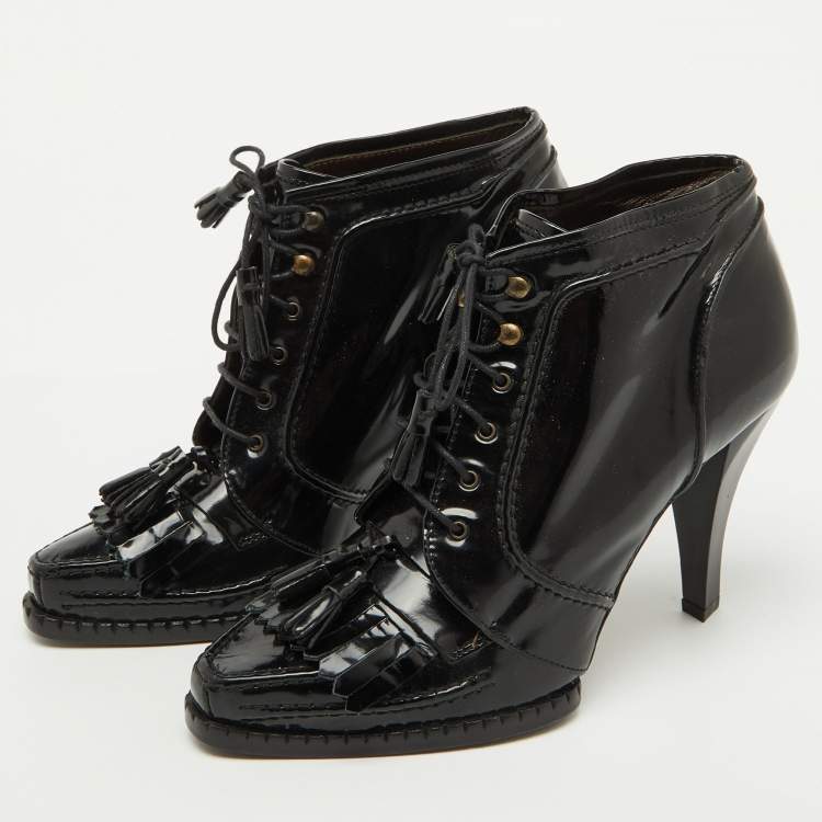 Pre Owned Roberto Cavalli Black Patent Leather Fringe Ankle Length Boots Size 39