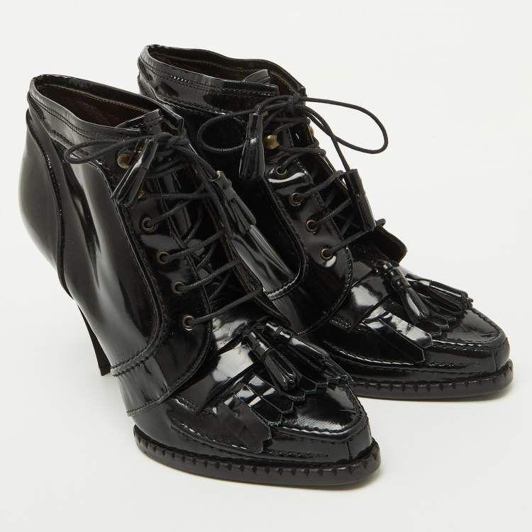 Pre Owned Roberto Cavalli Black Patent Leather Fringe Ankle Length Boots Size 39