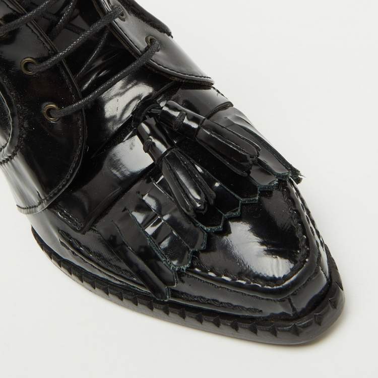 Pre Owned Roberto Cavalli Black Patent Leather Fringe Ankle Length Boots Size 39