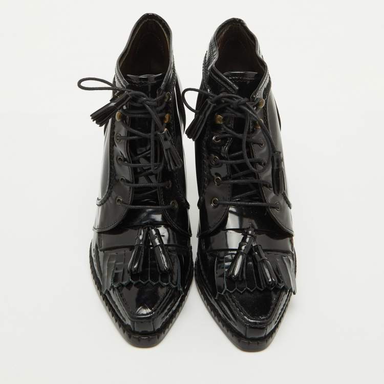 Pre Owned Roberto Cavalli Black Patent Leather Fringe Ankle Length Boots Size 39