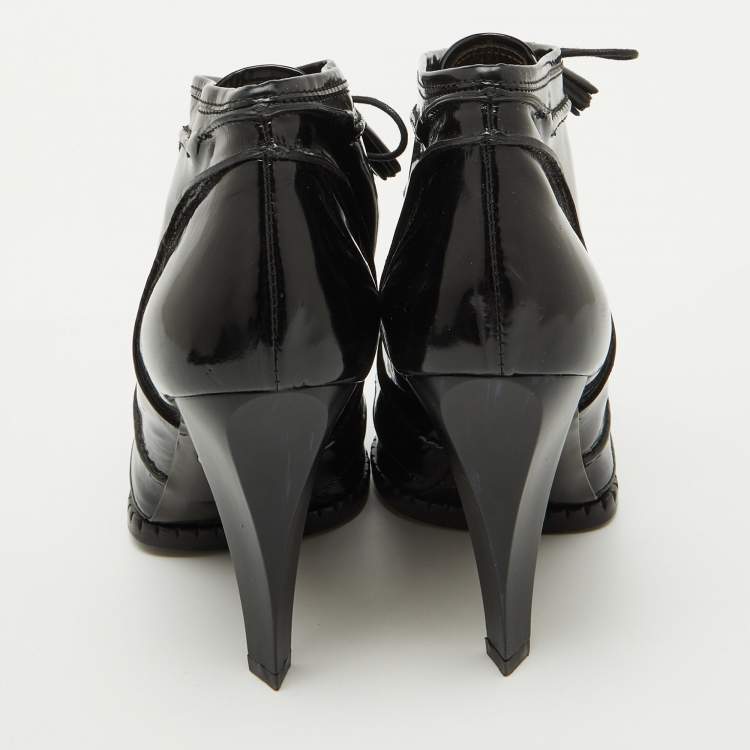 Pre Owned Roberto Cavalli Black Patent Leather Fringe Ankle Length Boots Size 39