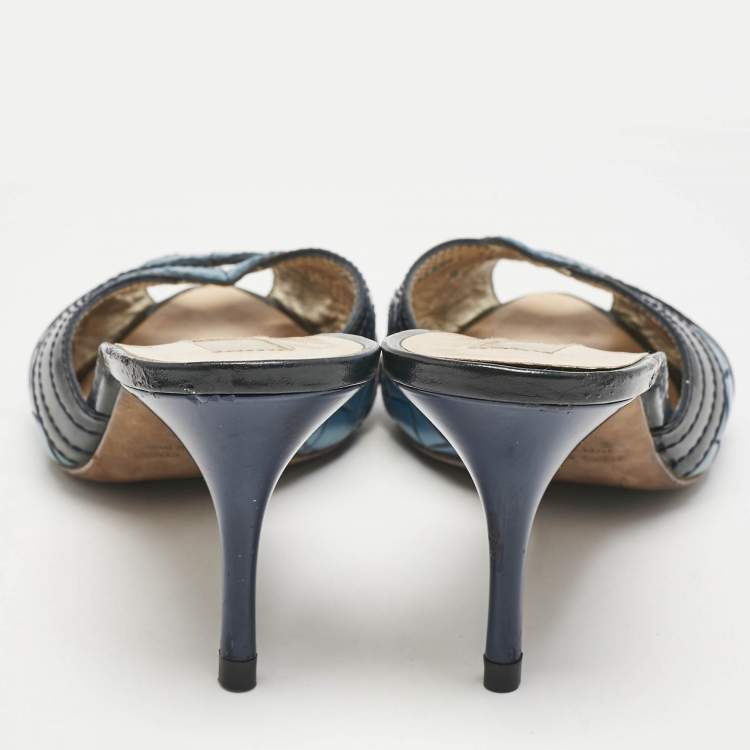 Pre Owned Roberto Cavalli Blue/Black Croc Embossed and Vintage Leather Slide Sandals Size 38