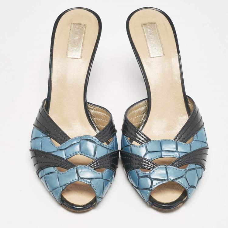 Pre Owned Roberto Cavalli Blue/Black Croc Embossed and Vintage Leather Slide Sandals Size 38