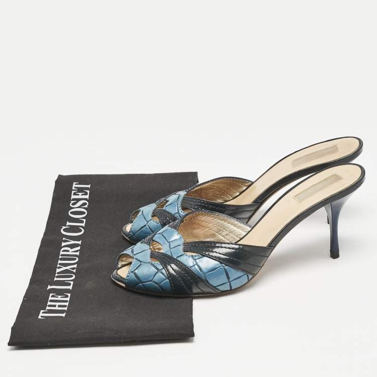 Pre Owned Roberto Cavalli Blue/Black Croc Embossed and Vintage Leather Slide Sandals Size 38