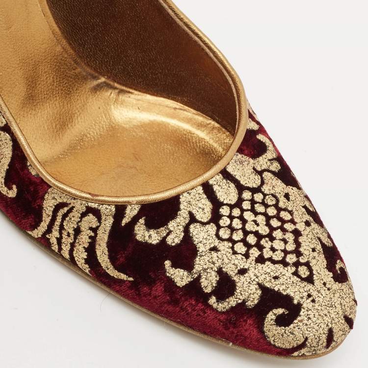 Pre Owned Roberto Cavalli Burgundy/Gold Leather and Velvet Round Toe Pumps Size 38.5