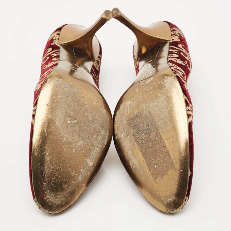 Pre Owned Roberto Cavalli Burgundy/Gold Leather and Velvet Round Toe Pumps Size 38.5