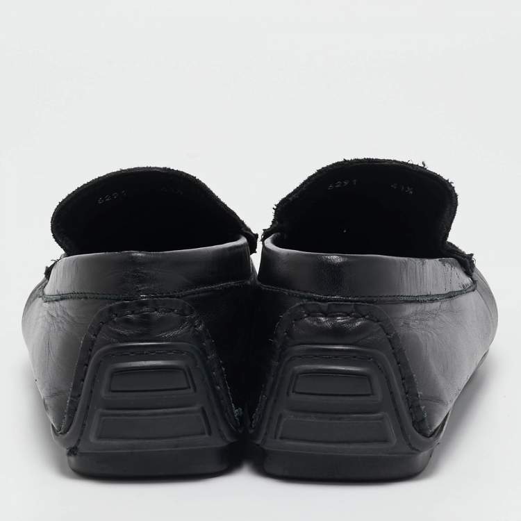 Pre Owned Roberto Cavalli Black Leather and Velvet Slip On Loafers Size 41.5