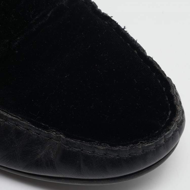 Pre Owned Roberto Cavalli Black Leather and Velvet Slip On Loafers Size 41.5