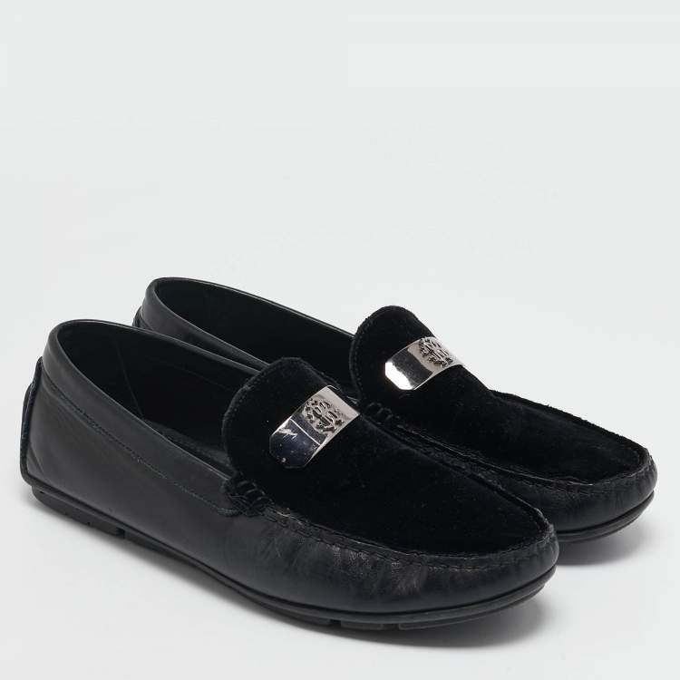 Pre Owned Roberto Cavalli Black Leather and Velvet Slip On Loafers Size 41.5