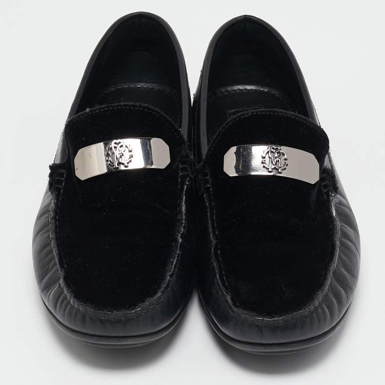 Pre Owned Roberto Cavalli Black Leather and Velvet Slip On Loafers Size 41.5