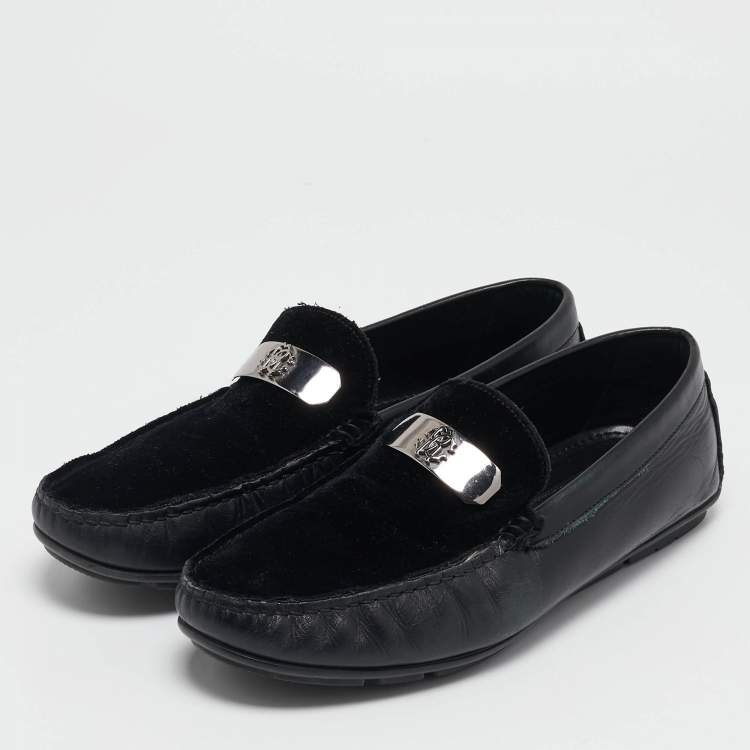 Pre Owned Roberto Cavalli Black Leather and Velvet Slip On Loafers Size 41.5