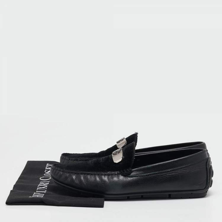 Pre Owned Roberto Cavalli Black Leather and Velvet Slip On Loafers Size 41.5
