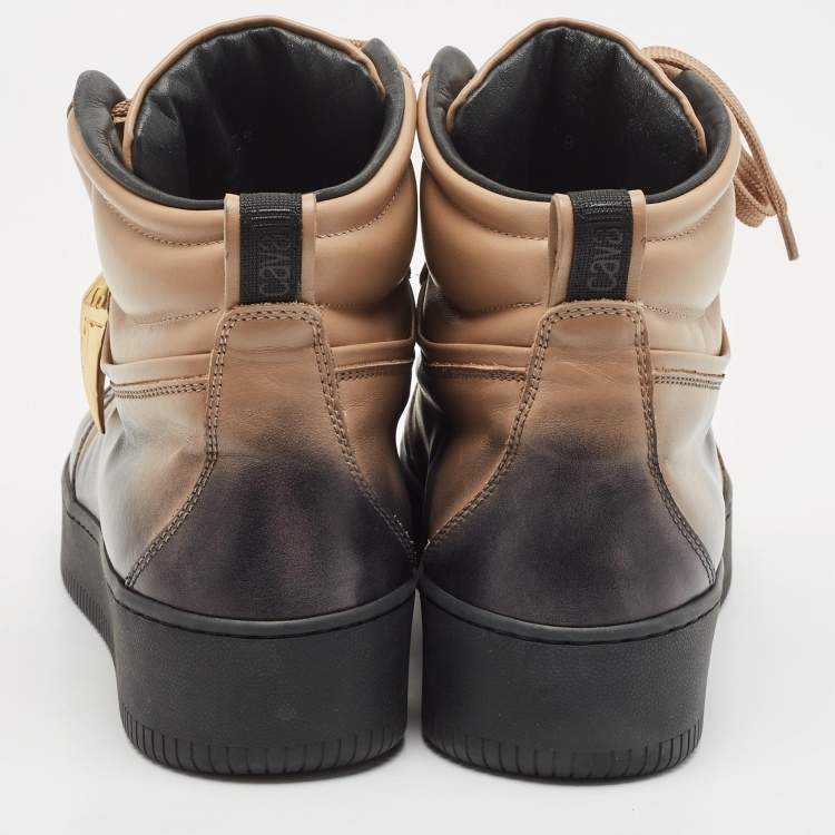 Pre Owned Roberto Cavalli Black/Beige Leather High Top Sneakers Size 38