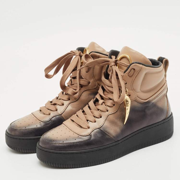 Pre Owned Roberto Cavalli Black/Beige Leather High Top Sneakers Size 38