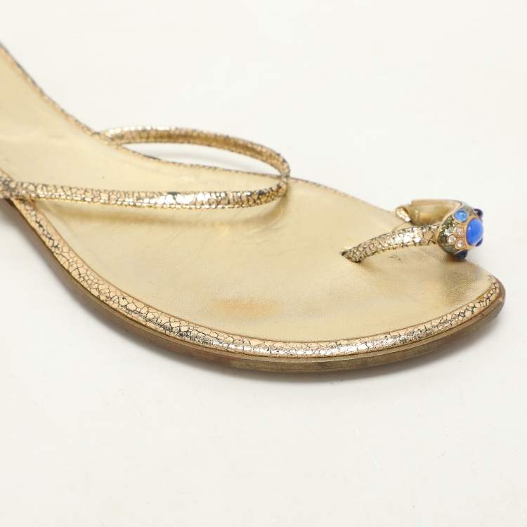 Pre Owned Roberto Cavalli Gold Leather Toe Ring Flat Sandals Size 39