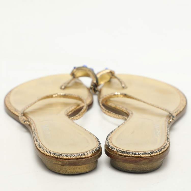 Pre Owned Roberto Cavalli Gold Leather Toe Ring Flat Sandals Size 39