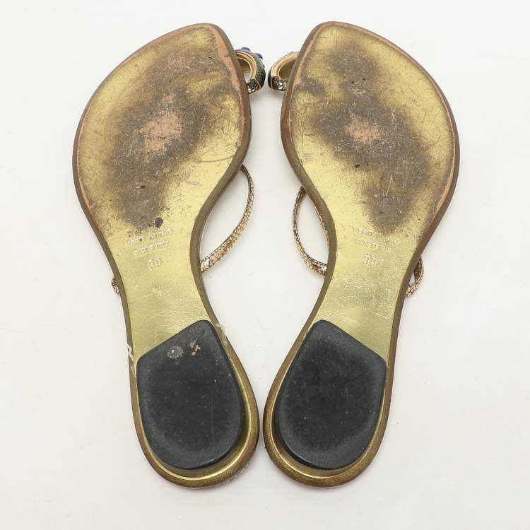 Pre Owned Roberto Cavalli Gold Leather Toe Ring Flat Sandals Size 39