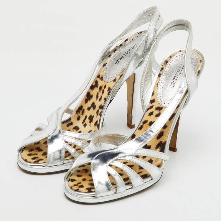 Pre Owned Roberto Cavalli Silver Metallic Leather Strappy Slingback Sandals Size 40