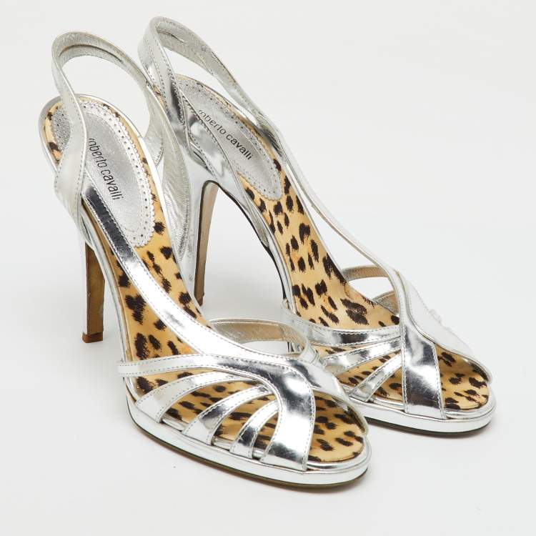 Pre Owned Roberto Cavalli Silver Metallic Leather Strappy Slingback Sandals Size 40