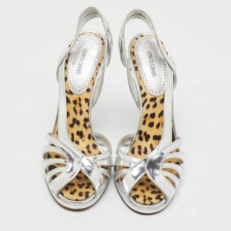 Pre Owned Roberto Cavalli Silver Metallic Leather Strappy Slingback Sandals Size 40
